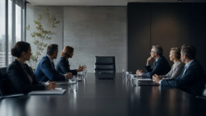 Executive boardroom table with one empty chair at the head, representing the marketing leadership gap