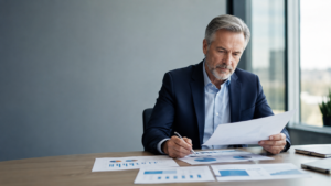 B2B CEO reviewing scattered marketing reports that show random acts of marketing