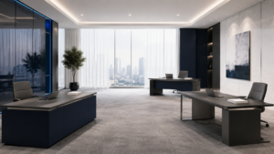 Three separate desks with marketing, sales, and finance materials facing away from each other in a boardroom setting