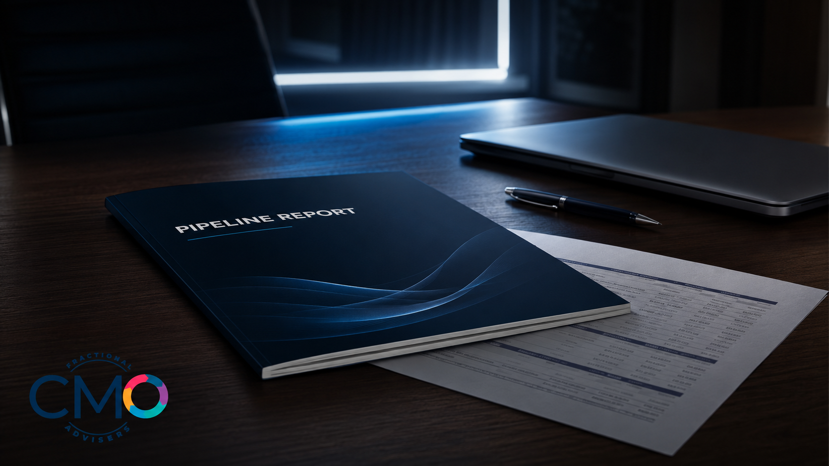 Executive desk scene showing a lead generation ROI report next to a shadowed financial document