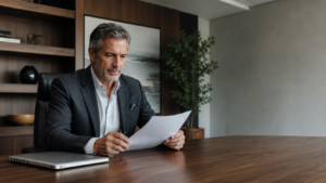 A CEO reviewing a written pipeline handoff plan at his desk, representing the move from founder-led sales to a governed structure.