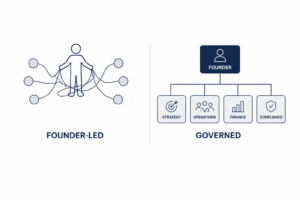 A side by side chart comparing a founder run sales pipeline with a governed marketing structure, showing differences in ownership and reporting.