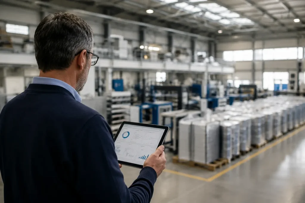 Operations leader reviewing a production dashboard on a manufacturing floor, representing a governed growth system
