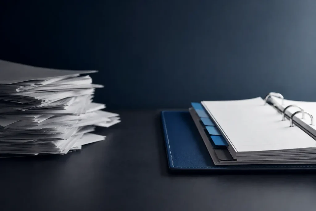 An organized, tabbed binder next to a loose, unstructured stack of papers