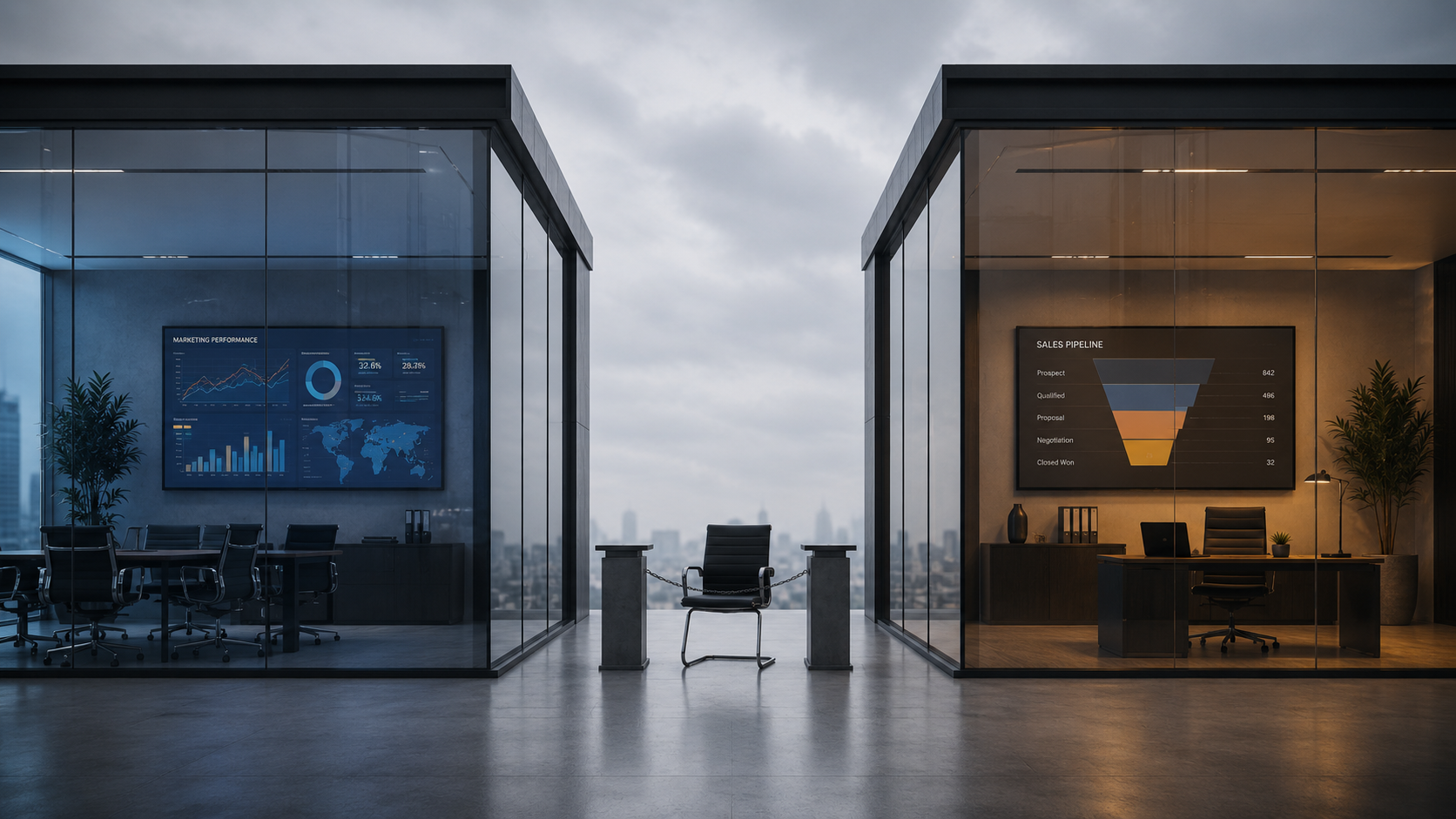 Modern glass-walled sales and marketing offices separated by a visible gap, symbolizing sales and marketing misalignment in a B2B company.