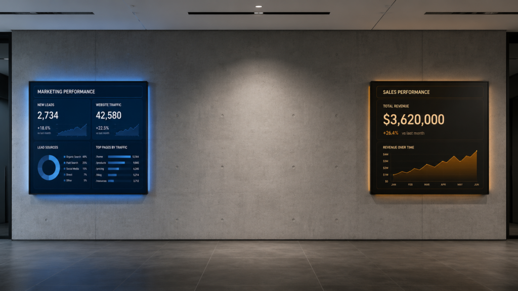 Separate marketing and sales performance scoreboards with an empty space between them, illustrating a governance gap between the two teams.