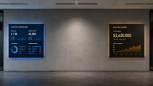 Separate marketing and sales performance scoreboards with an empty space between them, illustrating a governance gap between the two teams.