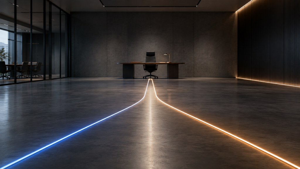 Blue and amber paths representing marketing and sales merge into one path leading to a single executive chair.