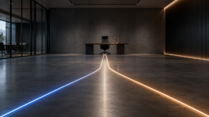 Blue and amber paths representing marketing and sales merge into one path leading to a single executive chair.
